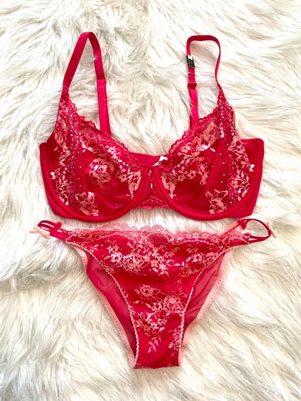 New Victoria's Secret Unlined Demi Bra Panty Set Pink Lace Crystals 34DD Small